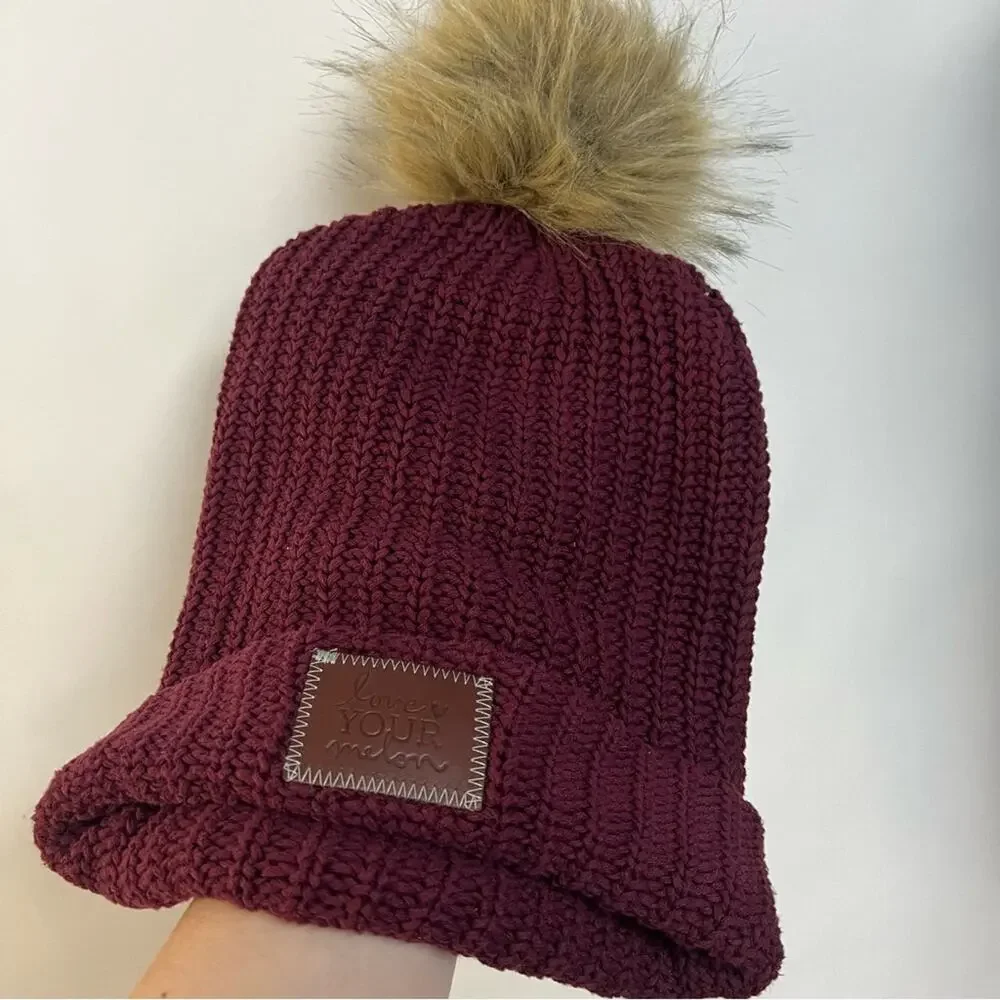 Love Your Melon Burgundy Pom Beanie Natural Pom Cableknit One Size Womens
